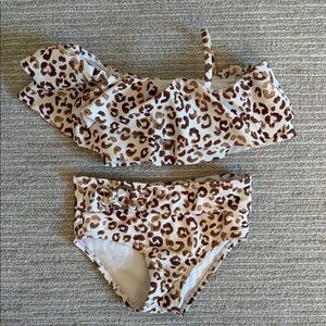 Janie and Jack Leopard Print Ruffle Two-Piece Swim Set - Cream & Brown